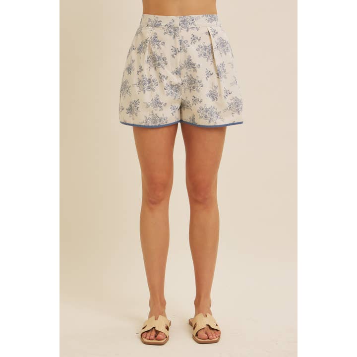 in february - Wholesale Shorts - Women's - FLORAL PRINT COTTON LINEN SHORTS WITH CONTRAST HEM