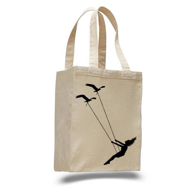 Flying bird swing- cotton canvas natural tote bag for wholesale by MISSION THREAD CLOTHING