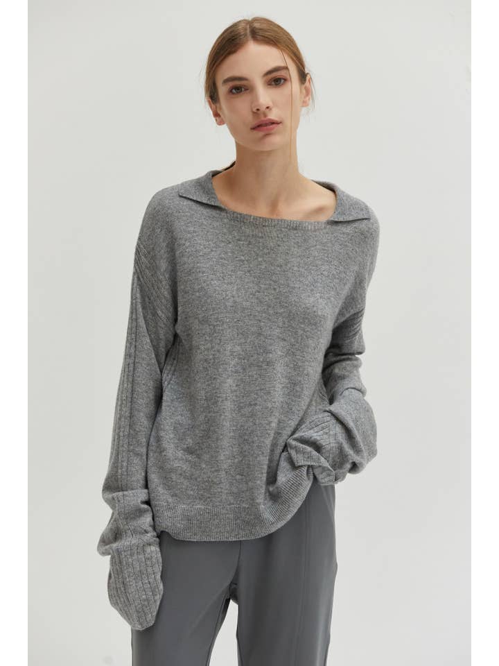 H GREY CT8877 - Maline Cashmere Softened Collared Sweater Top for wholesale on Faire
