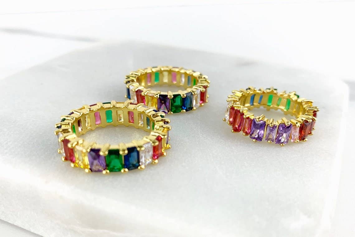 Luxus Accessories – wholesale Ring med flera stenar – 18 k guld fylld Cubic Zirconia Rainbow Baguette Ring6