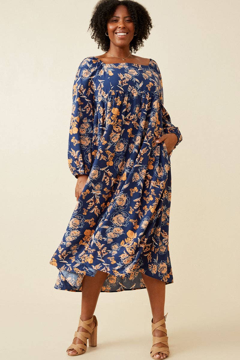 Navy Womens Romantic Floral Square Neck Midi Dress for wholesale on Faire1