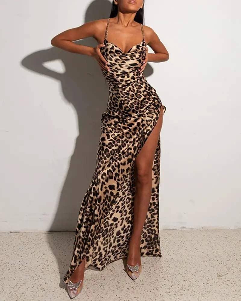 Leopard Print Chain Strap Maxi Dress for wholesale on Faire2