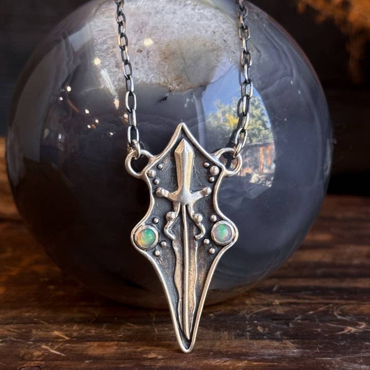 Sword Shield Necklace // Ethiopian Opal for wholesale by Acid Queen Jewelry