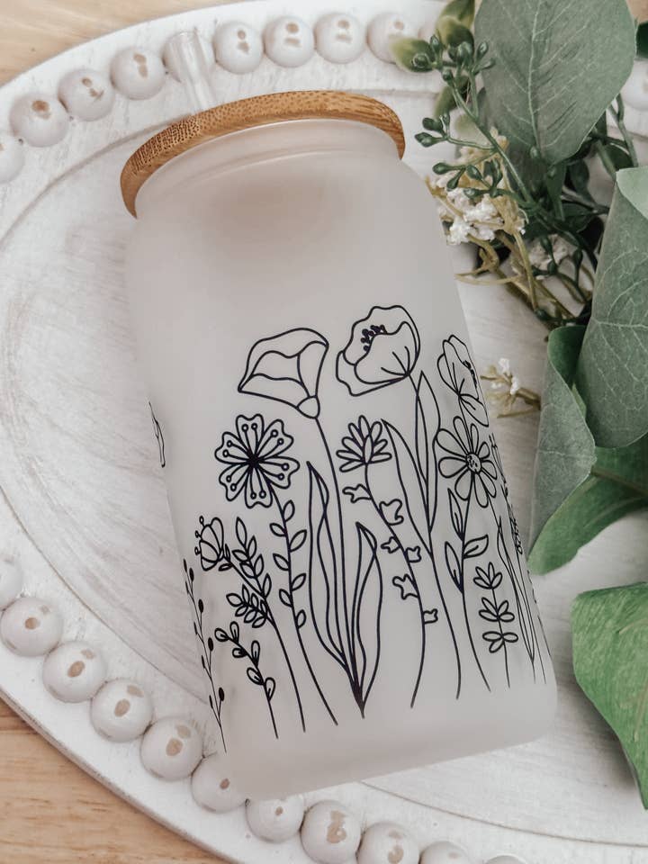 Wildflowers Frosted 16oz Glass Cup with Bamboo Lid for wholesale by Emma K Designs