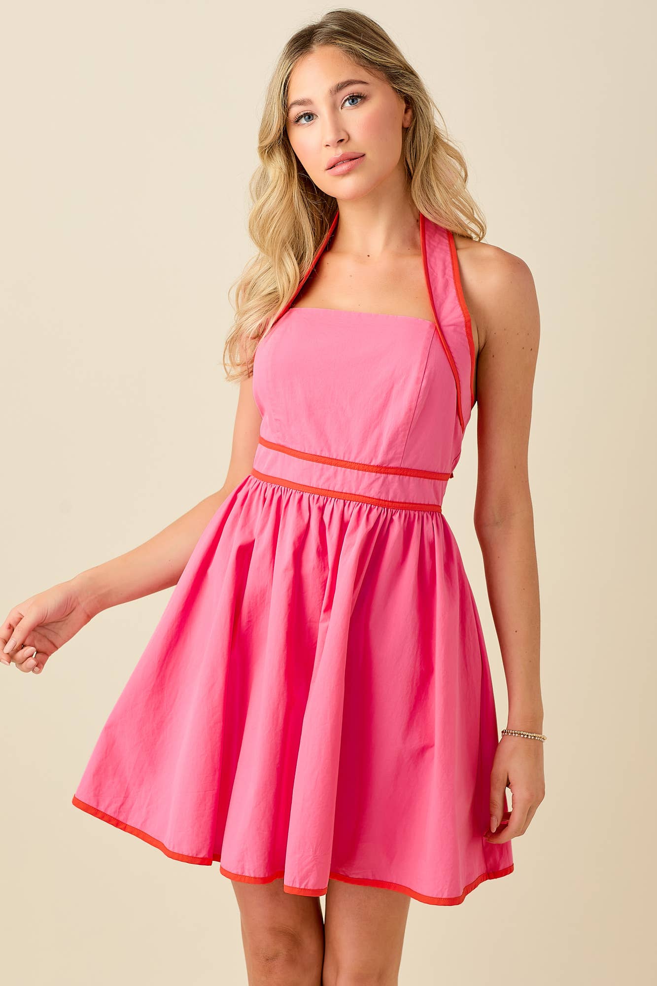 BABY PINK – wholesale Dress – Women's – Halter neck backless mini dress with contrast binding36