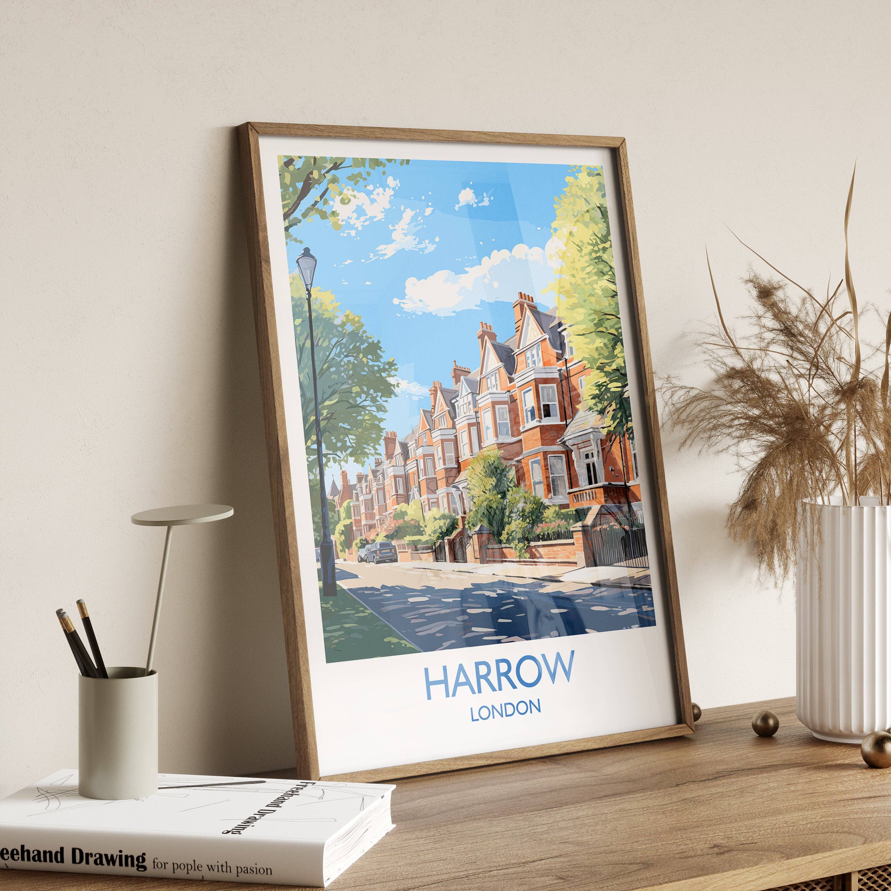 NQ Media Designs – Impressão artística por atacado – Impressão de Viagem de Harrow, Poster de Viagem de Harrow, Poster de Londres, Presente de Harrow, Arte de Harrow, Arte de Londres Presente de Viagem do Reino Unido3