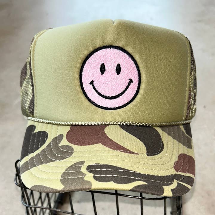 Pink Smiley Camo Trucker | Summer Truckers | Trending Caps for wholesale by Vibes Hat Company