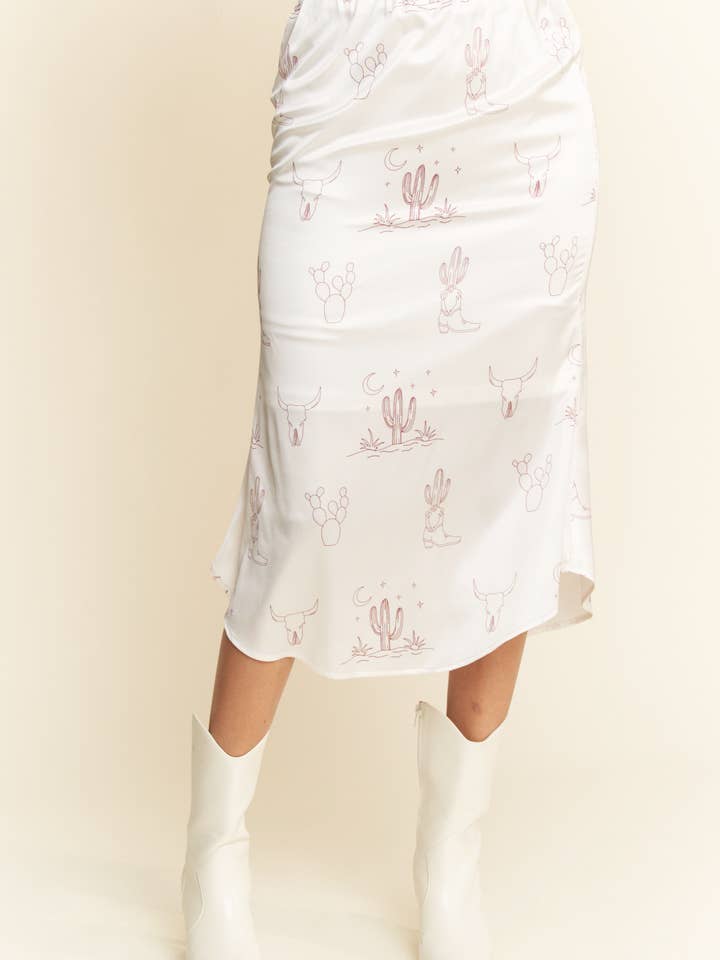 LATTE PLUS WESTERN CONVERSATIONAL PRINTED MIDI SKIRT for wholesale on Faire7