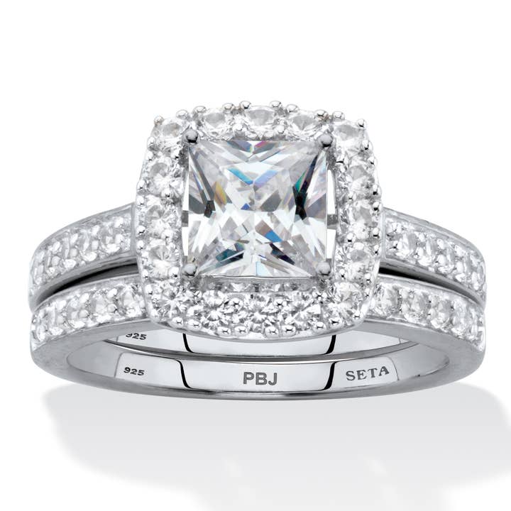 Princess-Cut White Sapphire Halo Wedding Ring Set for wholesale by PalmBeach Jewelry