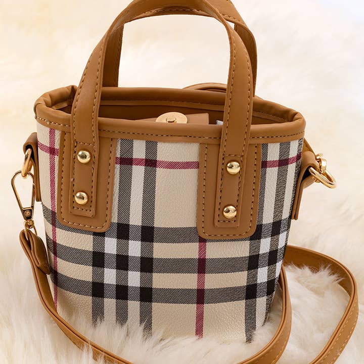 Plaid printed mini tote bag with latte trim. BBG40033 M and other Purchase Wholesale mini tote bags. Free Returns & Net 60 Terms on Faire trending on Faire.