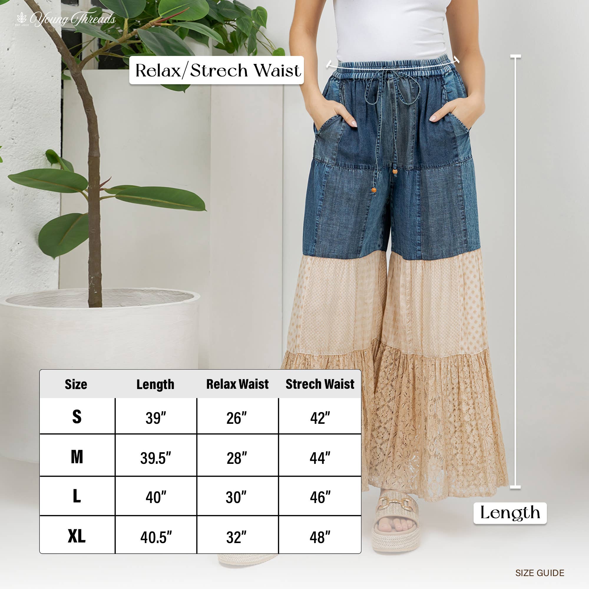 Young Threads - Vente Pantalon – femme - Pantalon en denim à volants bohème avec insertions de dentelle et tricot (Nouveau)29