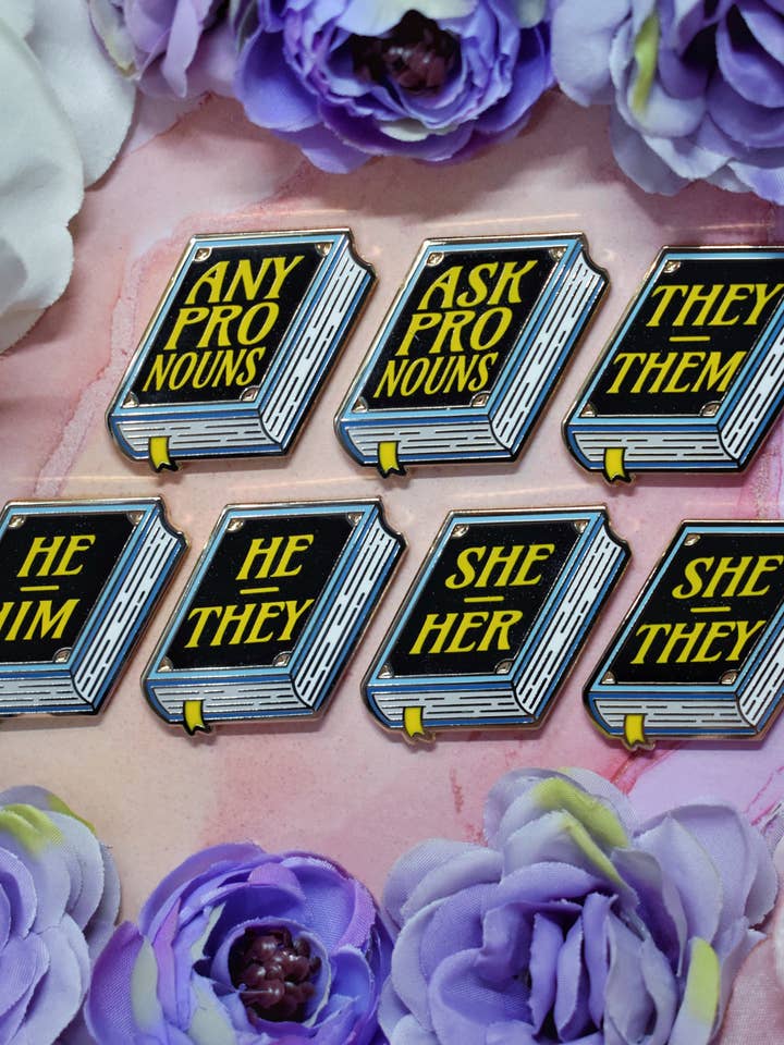 *NEW* Bookish Pronouns (Gold/Blue) - Enamel Pin for wholesale by Felfira Moon Designs