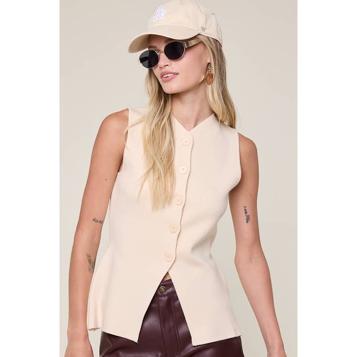V-NECK BIG BUTTON SLIT KNIT SWEATER VEST TOP for wholesale by Sky to Moon