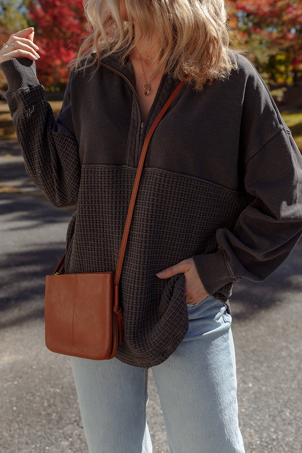 Black  LDC Waffle Knit Patchwork Half Zipped Casual Sweatshirt for wholesale on Faire3