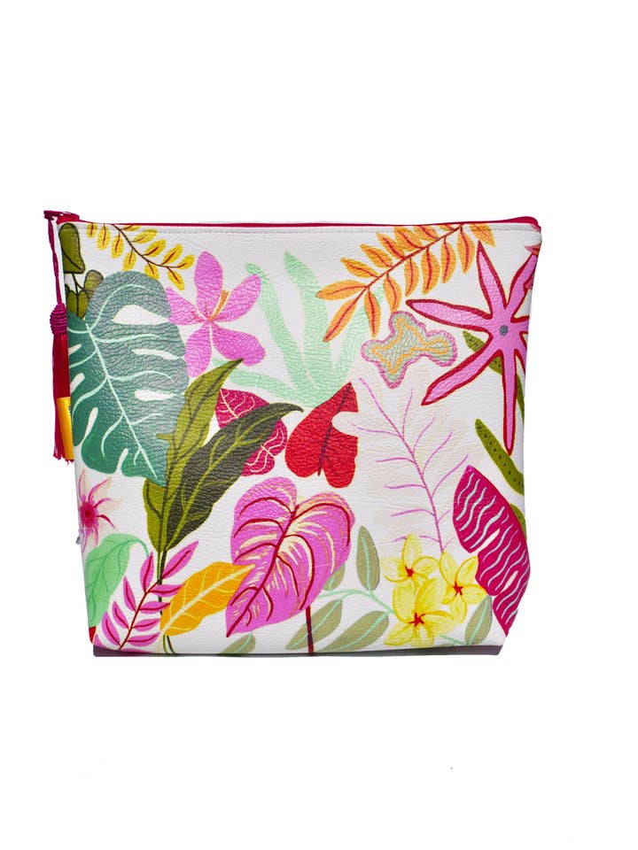 White tropical vegan leather cosmetic bag for wholesale by Lousurfacepattern