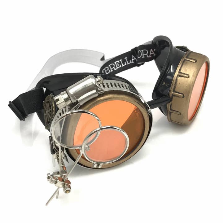 Steampunk Goggles with magnifying loupes UV glow neon orange lenses for wholesale by UMBRELLALABORATORY