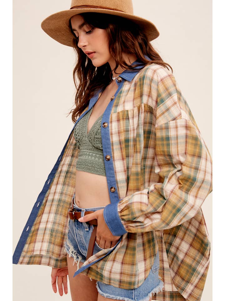 Listicle - Wholesale Button Down Shirt - Women's - Mixed Plaid Oversized Button-Down Shirt LJ020514