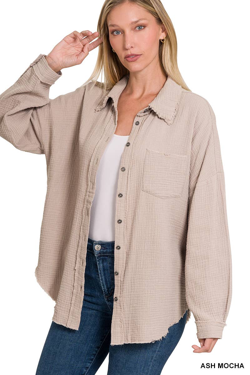 42POPS - Wholesale Button Down Shirt - Women's - `.Oversized Raw Edge Shirt W/ Back Patch32