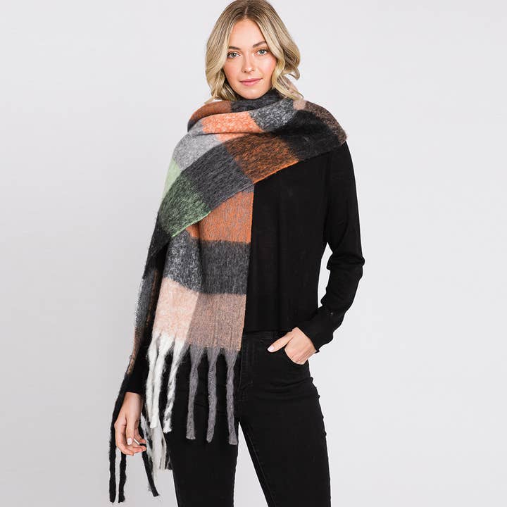 Sensibling Corp. – Cachecol - Mulher por atacado – Cachecol multicolor xadrez estampado com franja oblong5