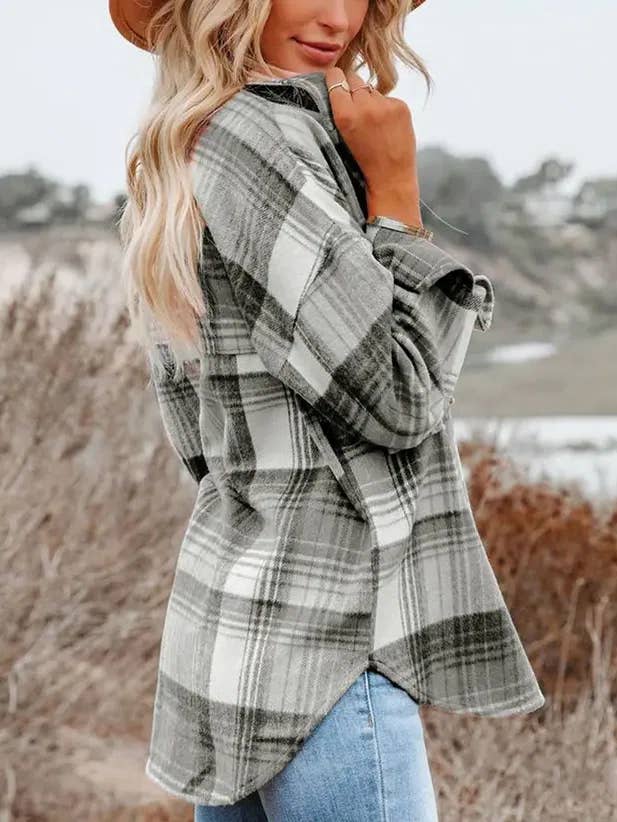 Medium Grey Plaid Shacket with Flap Pockets for wholesale by Suhkasana