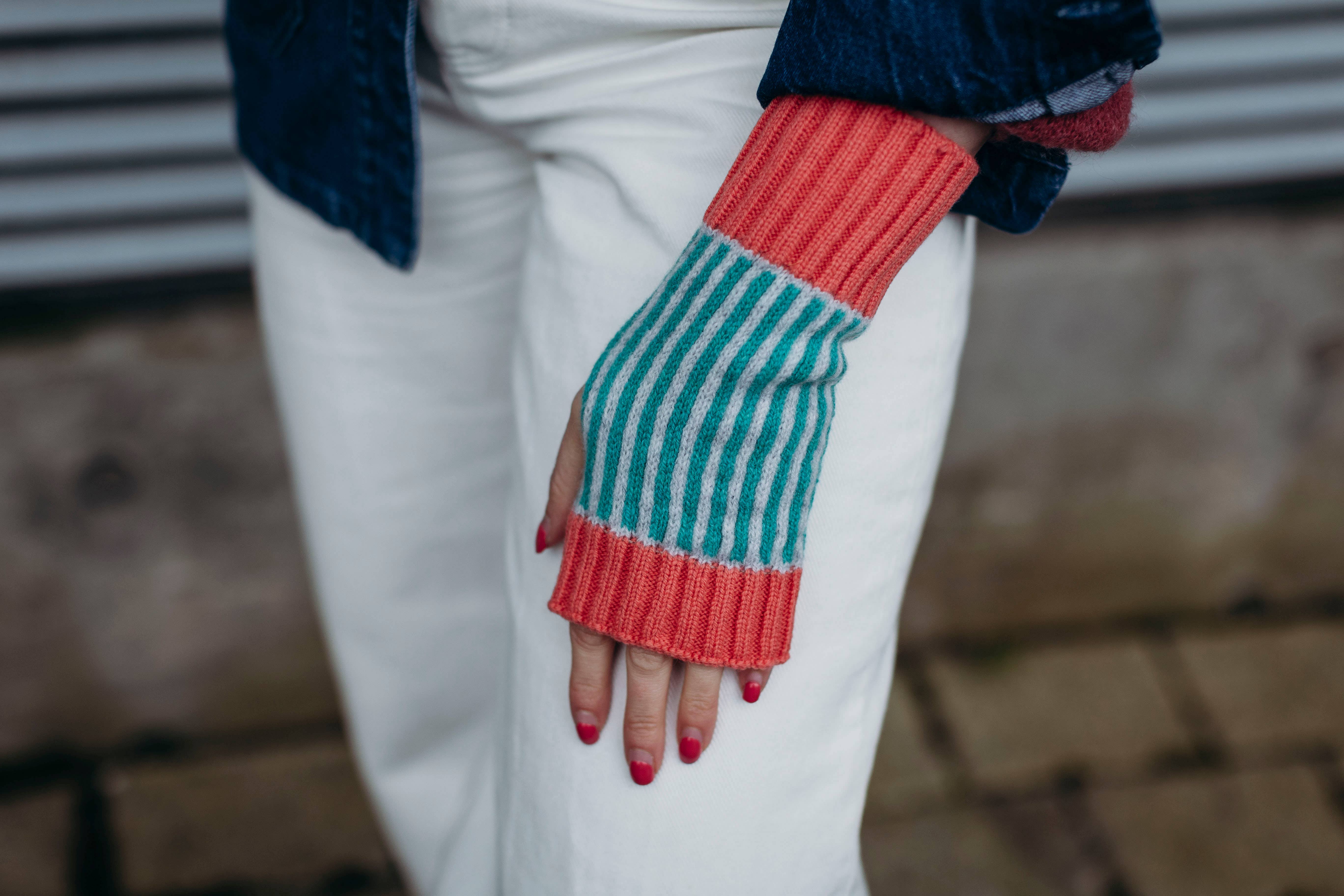 Candy Coated Accessories – wholesale Hand warmer – Lambswool Wrist Warmers - Green, Grey & Coral1