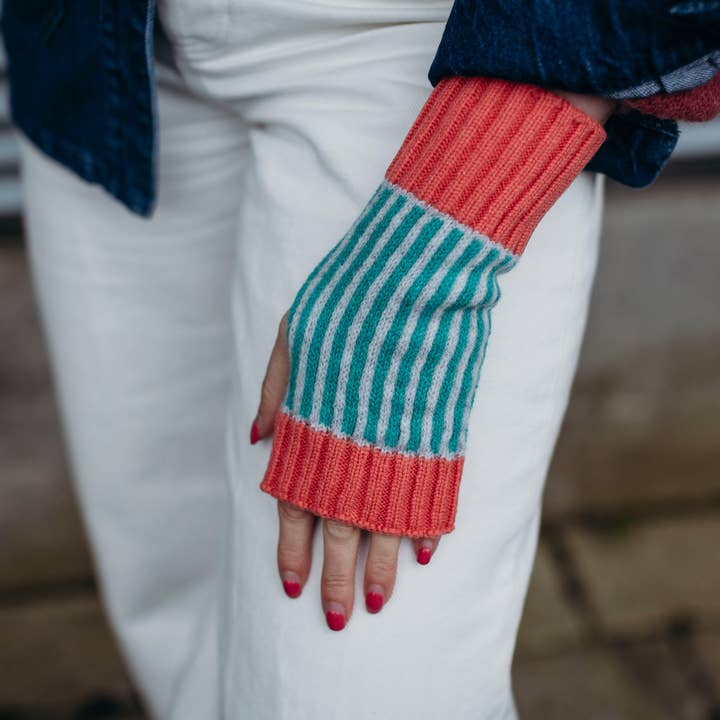 Candy Coated Accessories - Wholesale Hand Warmer - Lambswool Wrist Warmers - Green, Grey & Coral1