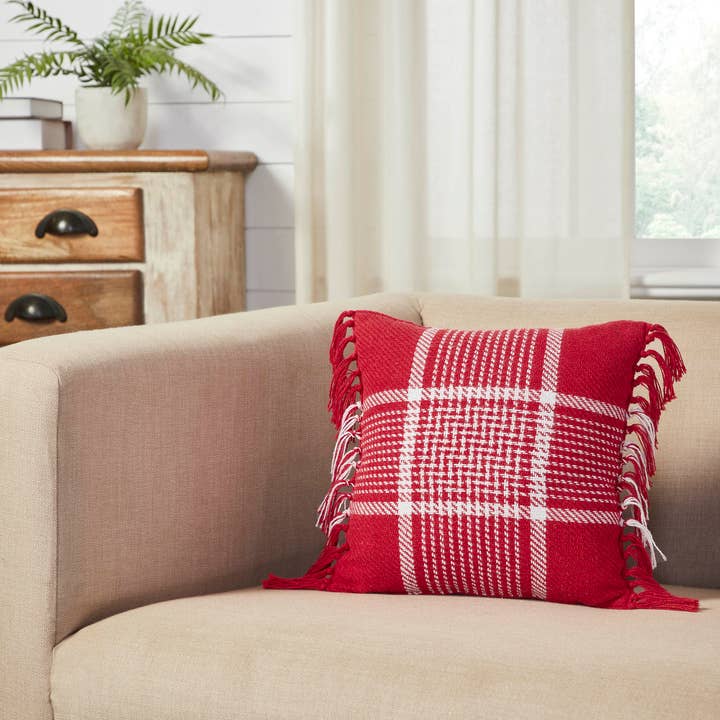 VHC Brands - Wholesale Throw/Decorative Pillow - Eston Red White Plaid Pillow Fringed 12x12