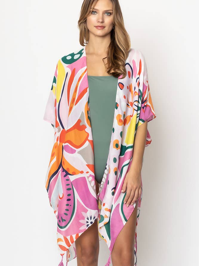 Tropical Floral Print Tassel Summer Kimono Cover Up for wholesale by Hana