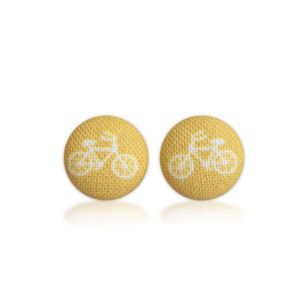 Rachel O's - Wholesale Stud/Post Earrings - Mustard Bikes Fabric Covered Button Earrings4
