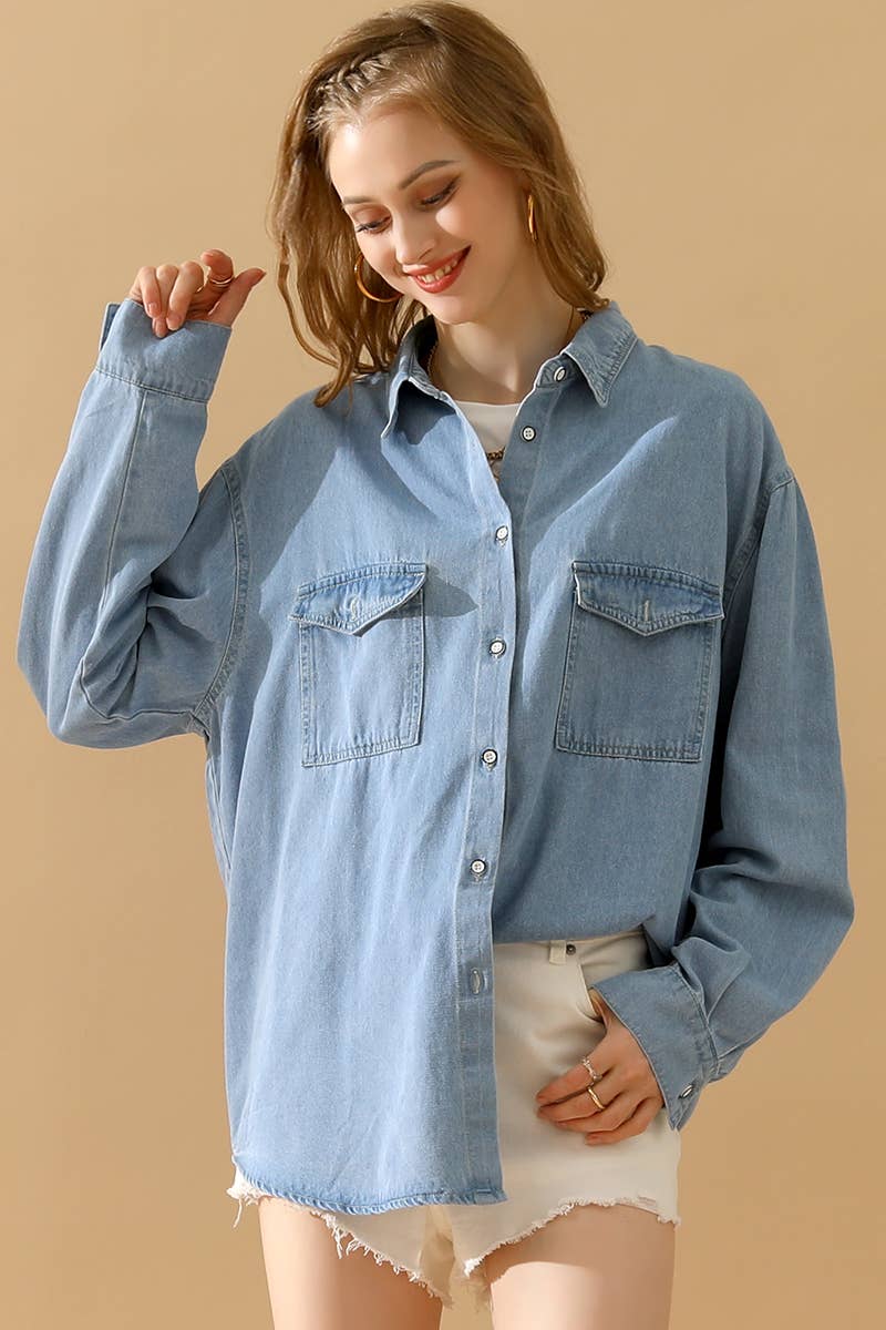 LIGHTBLUE CWTSTL0265-B_SIMPLE POKCET DENIM LONG SLEEVE SHIRTS for wholesale on Faire4