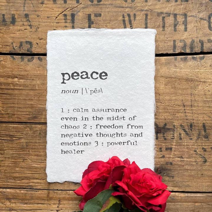 peace definition print in typewriter font on handmade paper for wholesale by Alison Rose Vintage