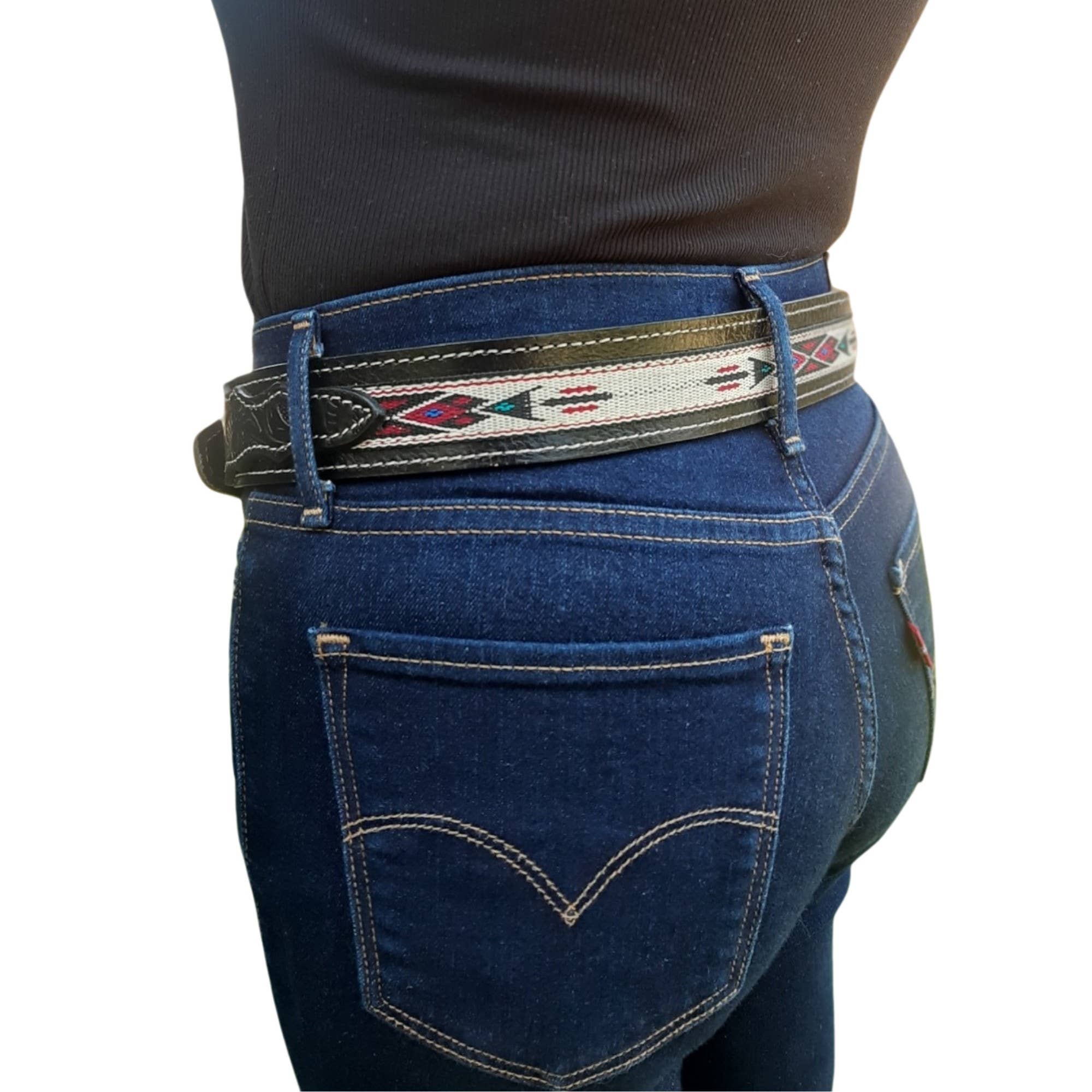 Baja Leather - Venta al por mayor Cinturón - Unisex - Cinturón de Cuero Occidental Tallado - Azteca - Cuero Negro2