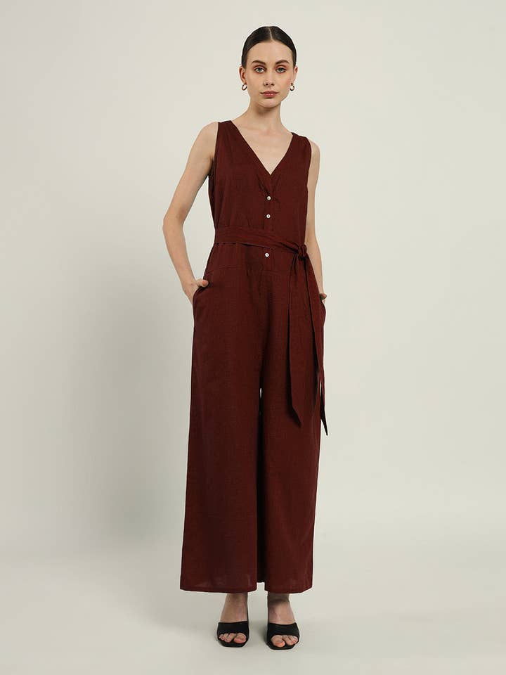 Run The Show V Neck Button Down Rouge Jumpsuit for wholesale by Thevasa
