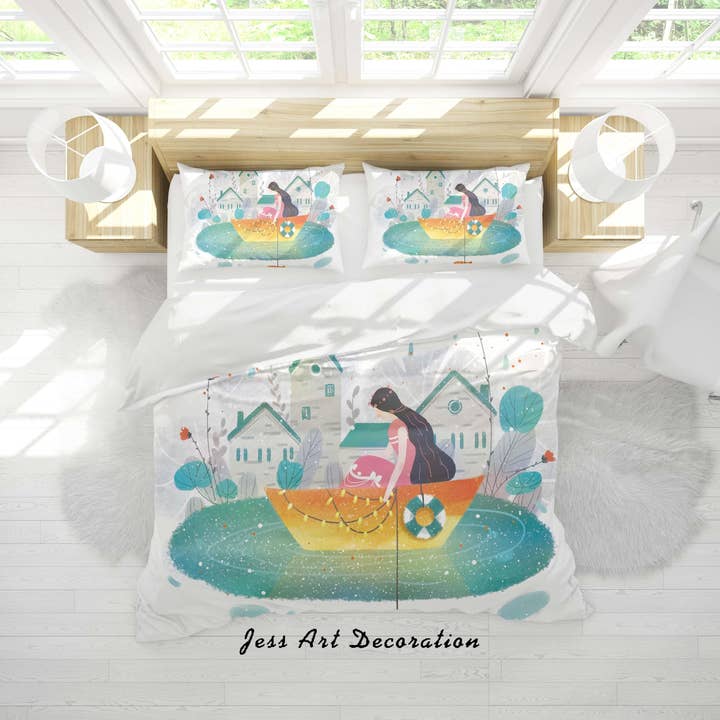 3D Lake Boat Girl Painting Quilt Cover Set Bedding Set Duvet Cover Pillowcases A496 LQH for wholesale by Jess Art Decoration