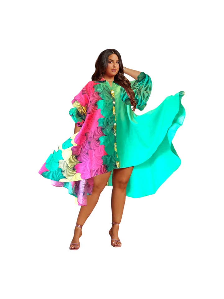 India Batik - Wholesale Dress - Women's - Swing Dress/ Faux Silk/ Ruffle Sleeve - Two Tone