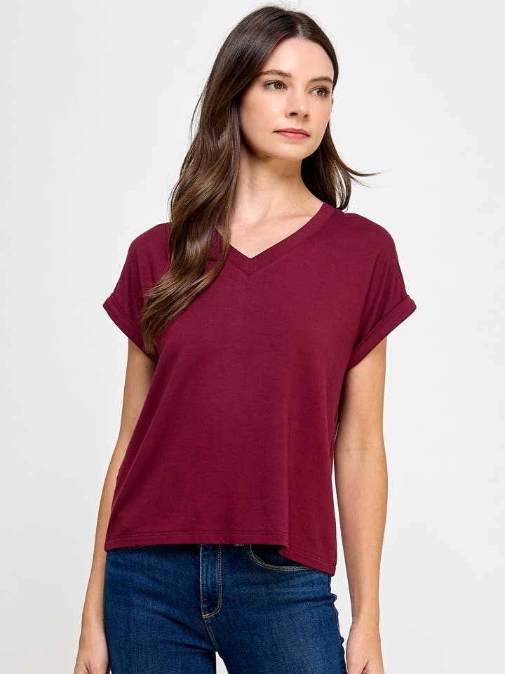 TT-9822-6 T-SHIRT MET V-HALS BORDEAUX voor wholesale door Ellison