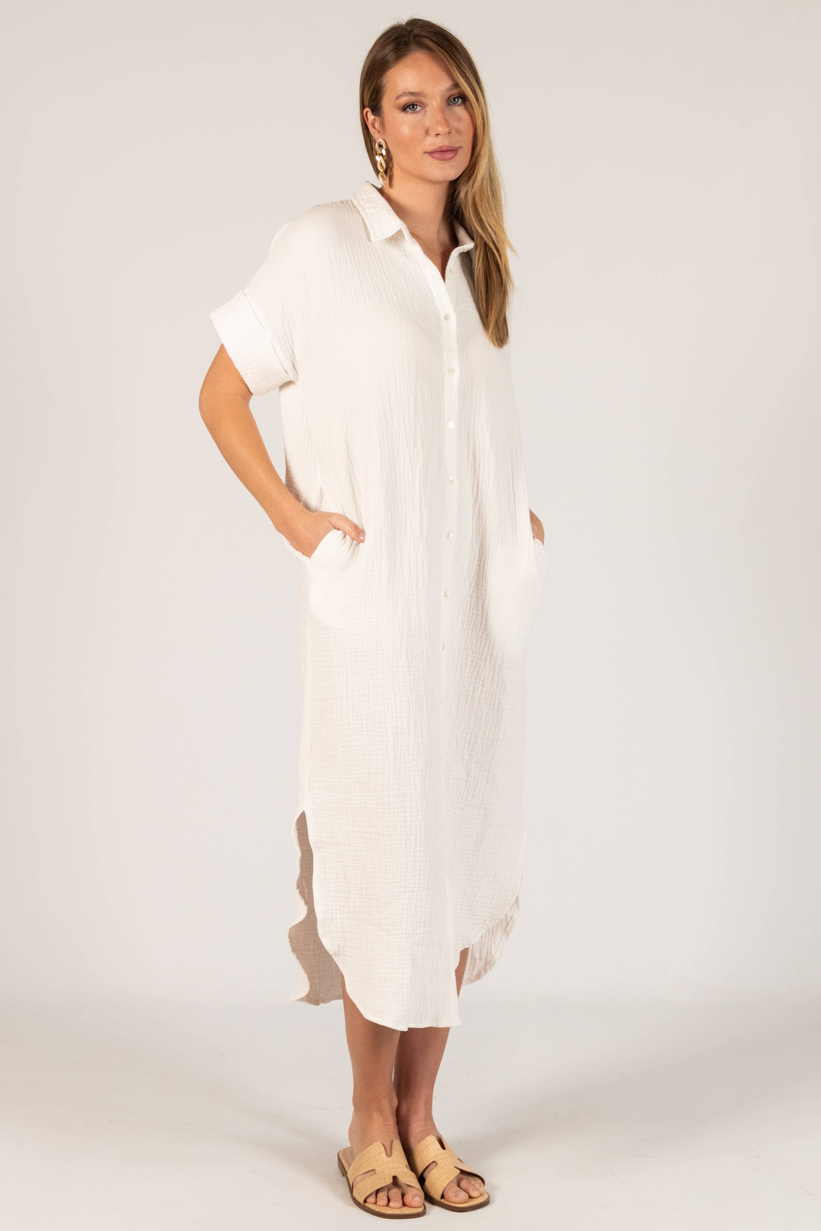 Before You Collection - Wholesale Dress - Women's - 3-Ply Heavy Gauze Button Up Shirt Dress4