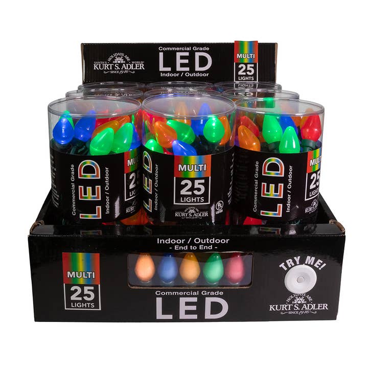 Kurt S. Adler, Inc. - Wholesale String Lights - 25L PEARL C7 MULTI LED GREEN WIRE SET