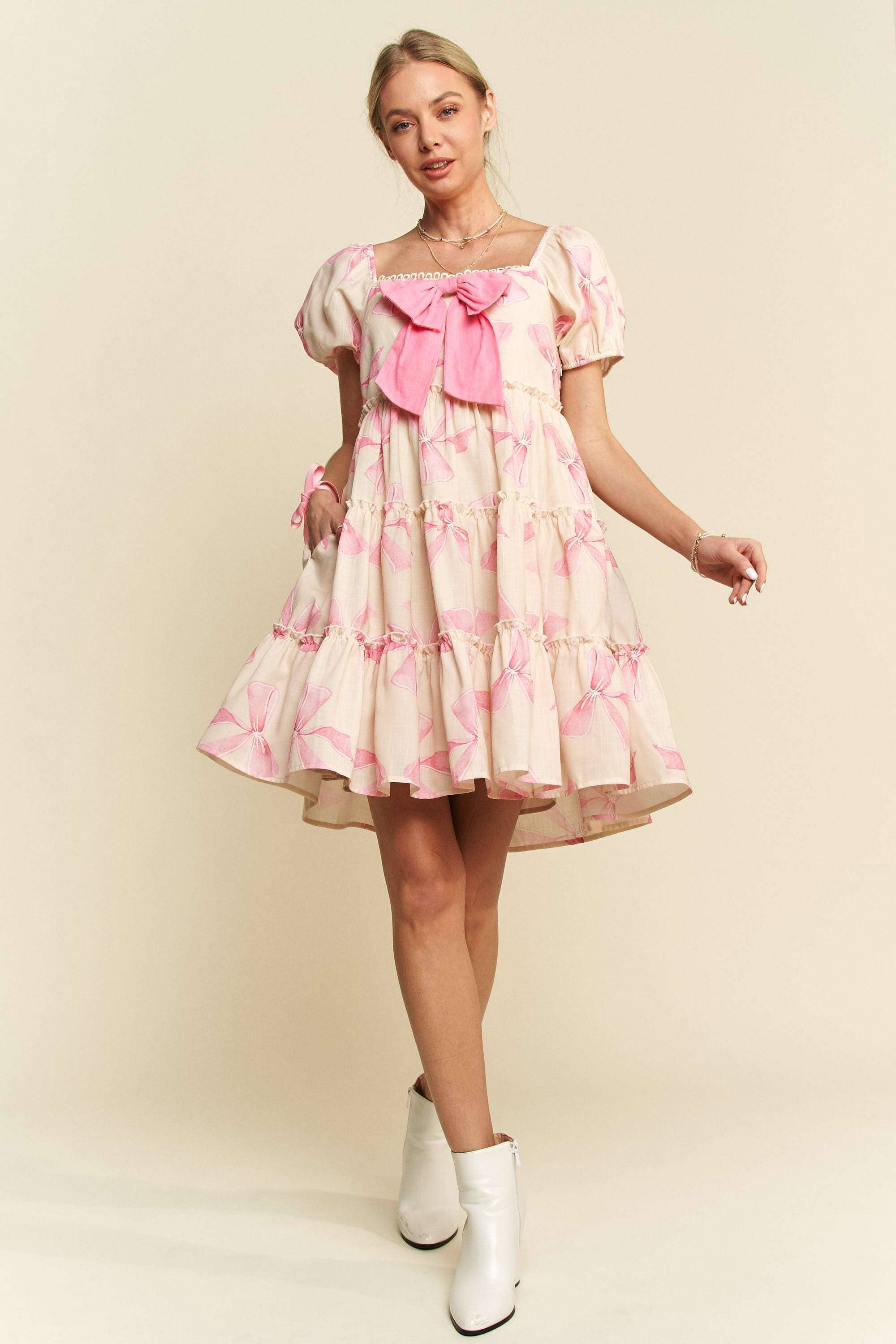 Davi & Dani - Wholesale Dress - Women's - BOW PRINTED PUFF SMOCKING BACK TIERED DRESS17