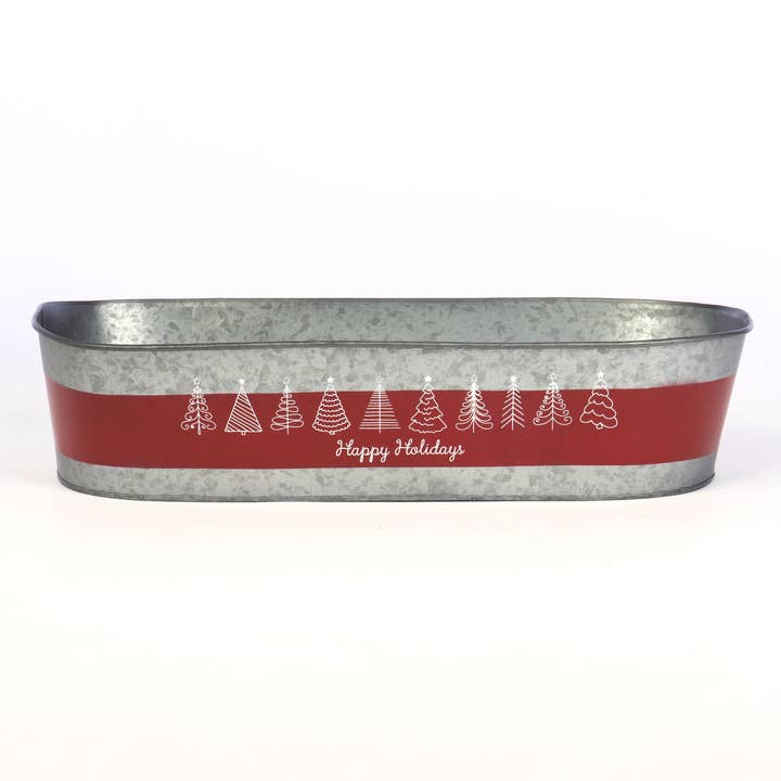 Willow Group - Wholesale Bucket/Pail - Red & White Happy Holidays Winter Trees Long Oval Tin