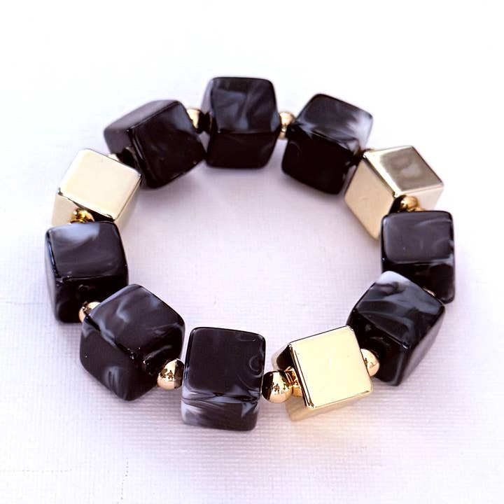 Pulseira de Contas Cubos Dourados Mármore Preto por atacado de iconic mi