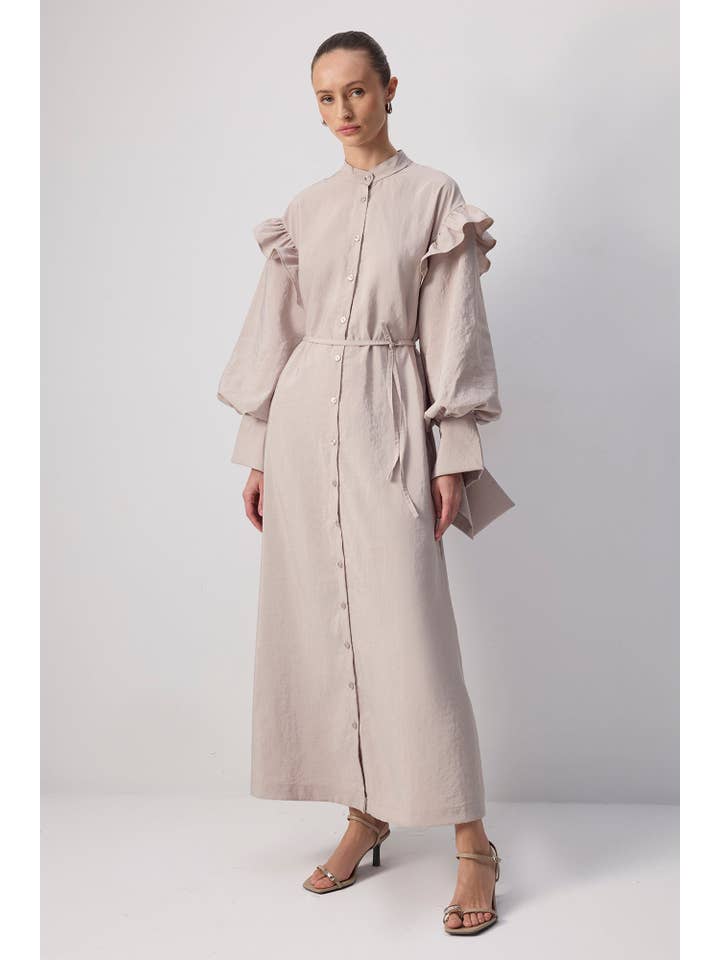 Stone RUFFLED CUPRO MAXI SHIRT DRESS WITH STATEMENTS SLEEVES for wholesale on Faire