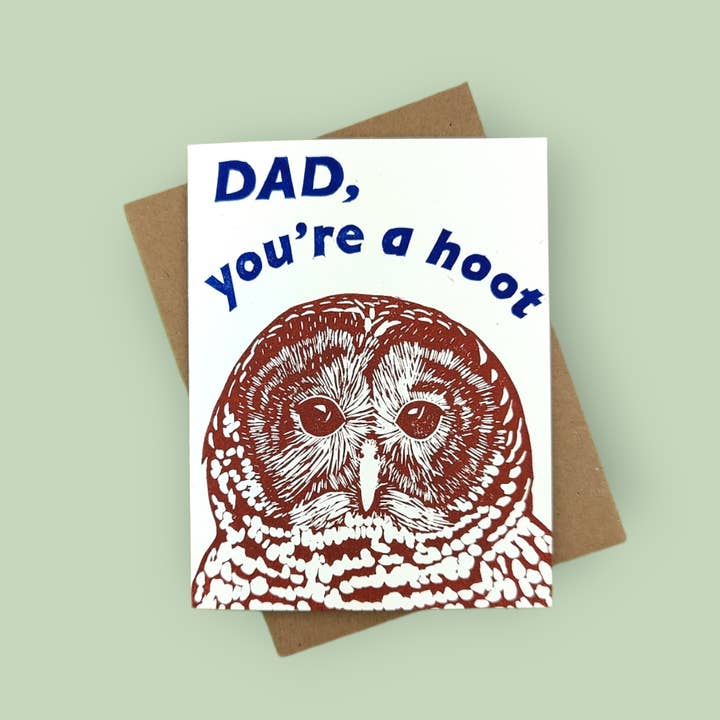 Handprinted linocut Dad you're a hoot folded card for wholesale by Winter Pickle Press