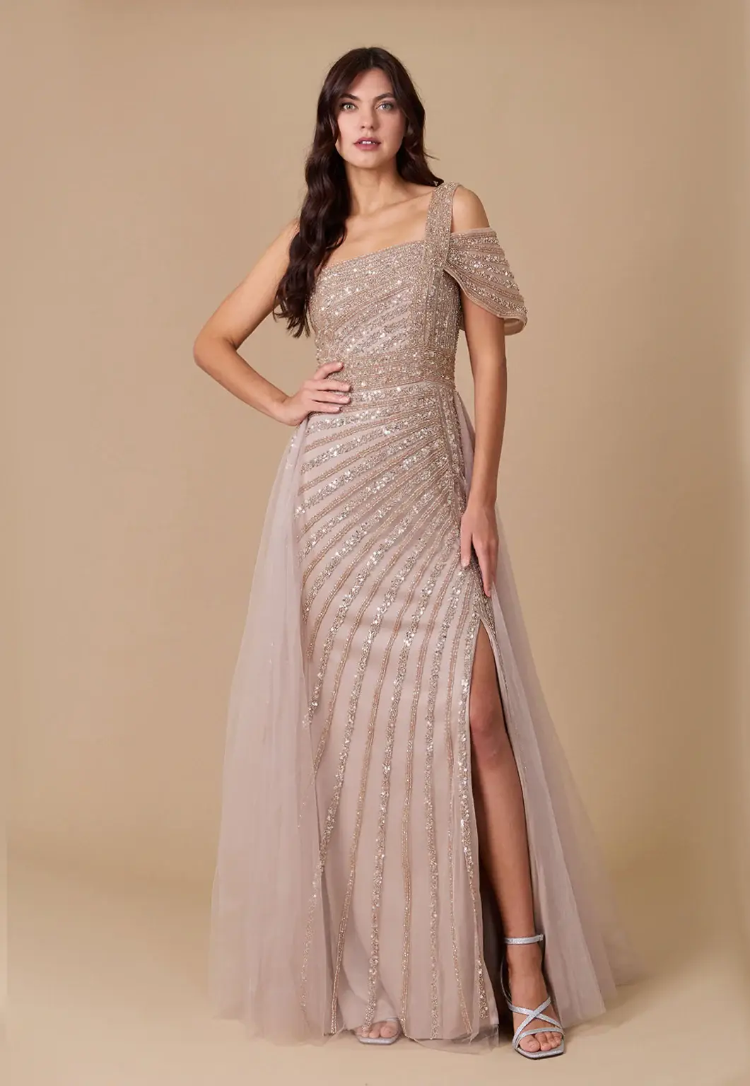 Gold One Shoulder Hand Beaded Formal Couture Dress for wholesale on Faire1