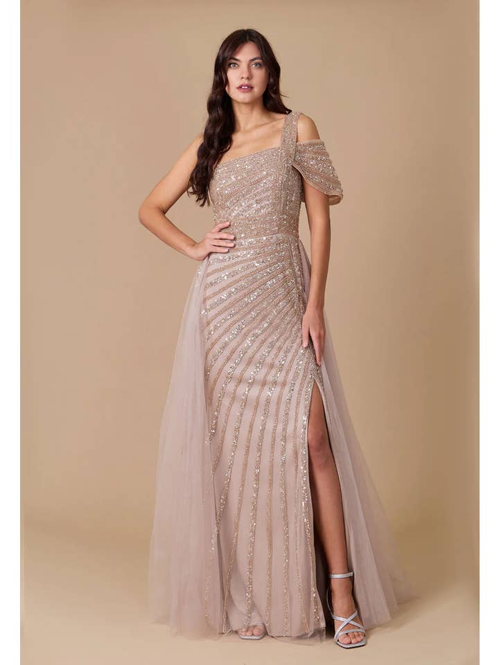Gold One Shoulder Hand Beaded Formal Couture Dress for wholesale on Faire1