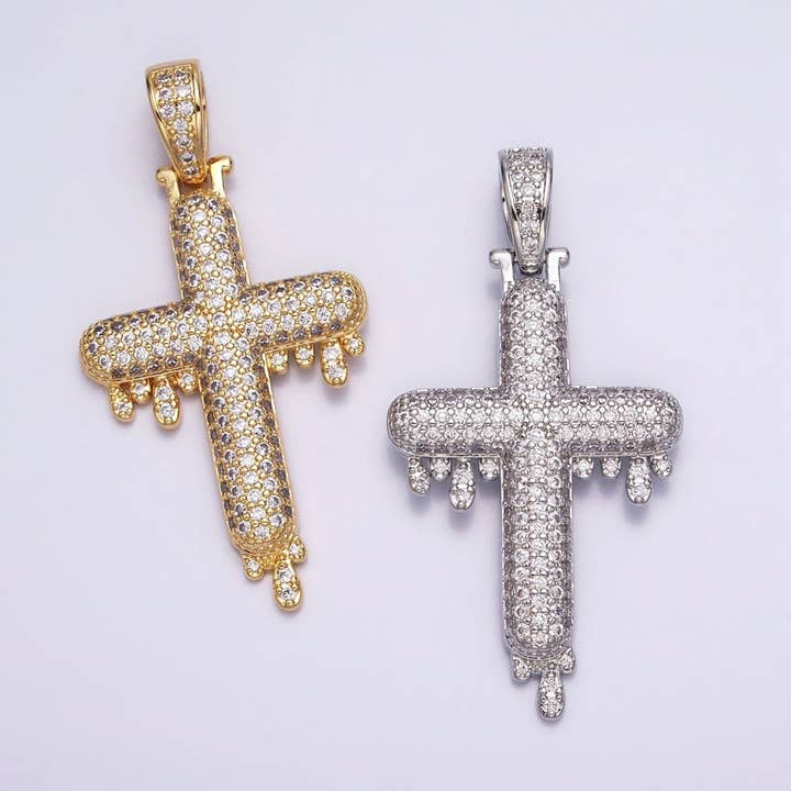 16K Gold Filled Religious Cross Micro Paved CZ Drip 50mm Pendant in Gold & Silver | AA377 AA378 for wholesale by Aim Eternal