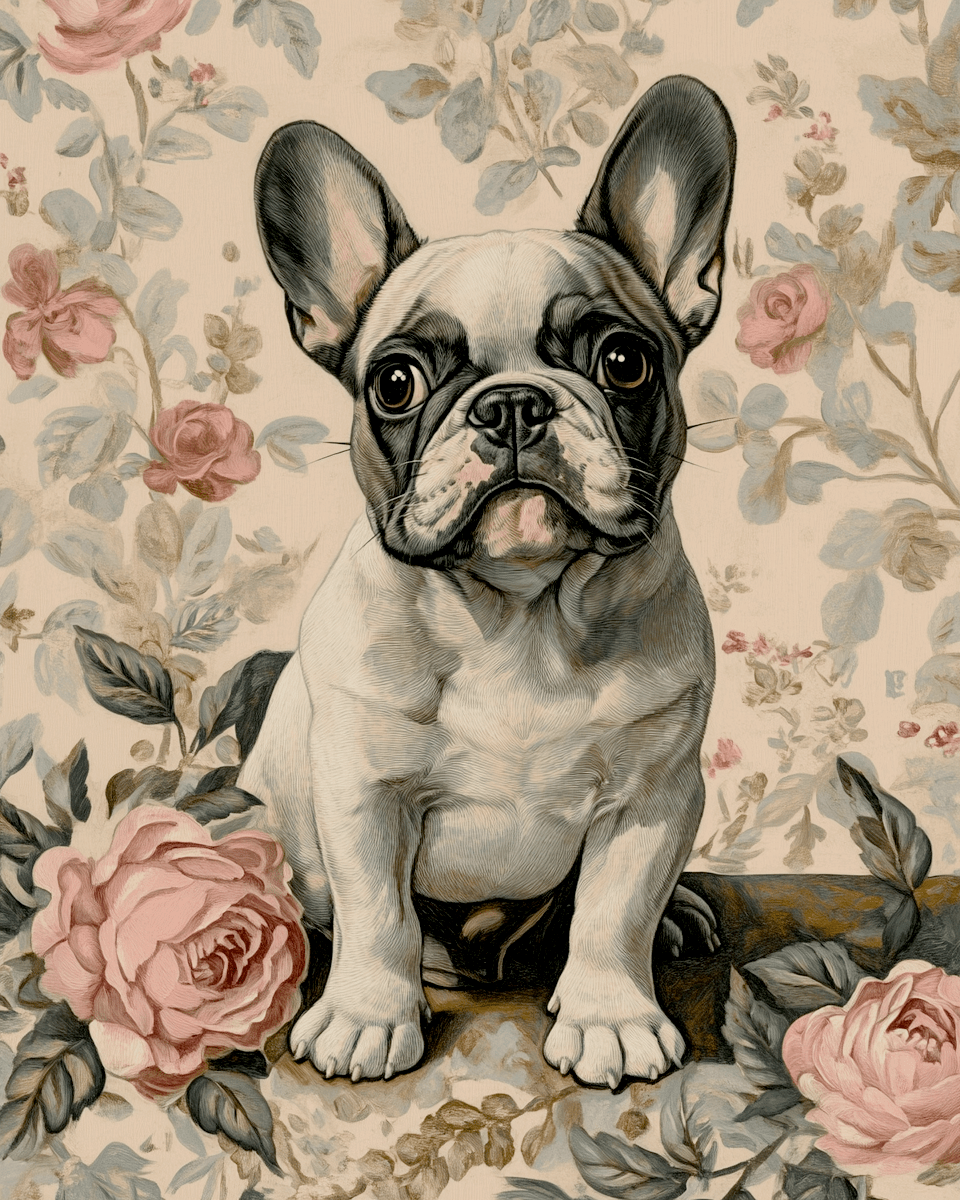 Mowbi - Vente Affiche d'art - Bouledogue français bringé - Tirages d'art natures mortes pour animaux de compagnie – Illustration 20 x 25 cm pour cadre 28 x 35 cm0