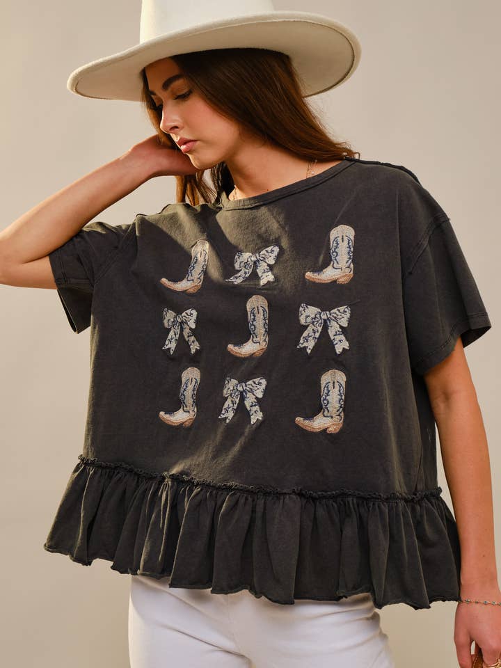 WASHED BLACK 37000T - Round Neck Western Graphic Peplum Top for wholesale on Faire0