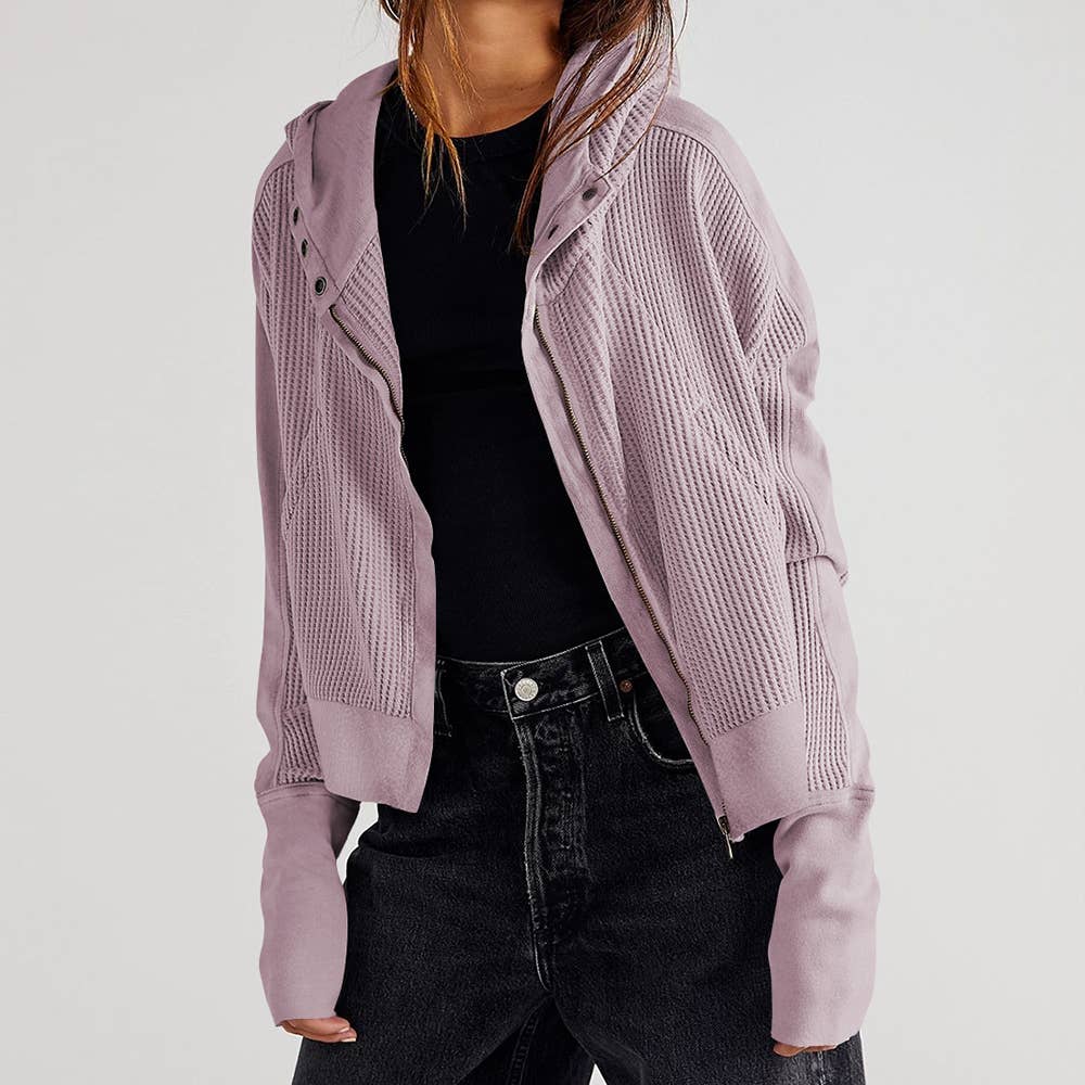 HIDDENBRAND - Wholesale Hoodie - Women's - Full zip waffle cropped hoodie in Brown32