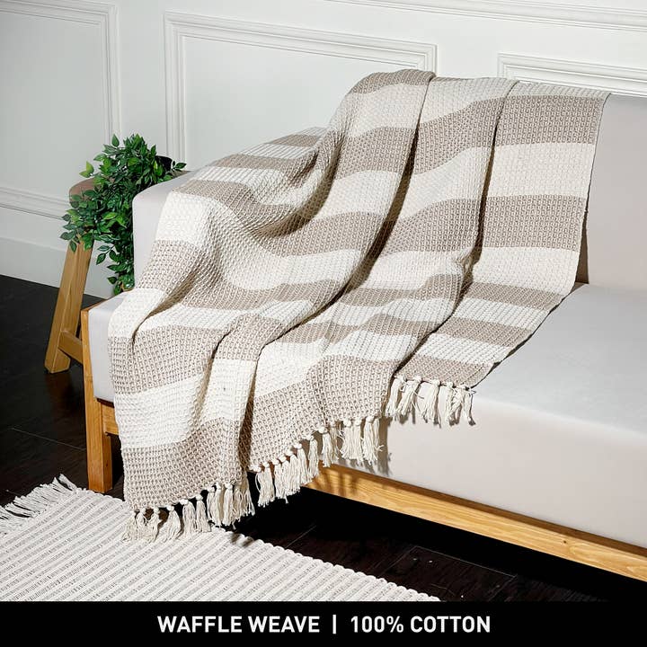 chardin home – wholesale Throw blanket – WAFFLE STRIPE THROW, BEIGE-IVORY, 50''x60''2